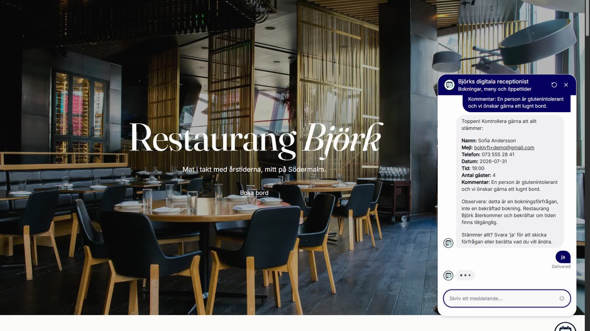 Restaurang Björk med Boklyfts AI-receptionist